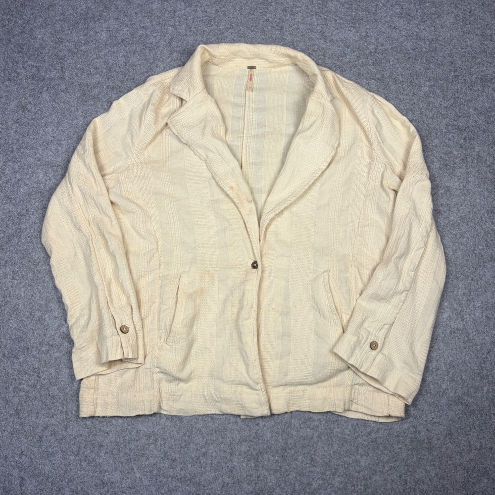 Free People Cream Textured Woven Stripe Single Button Blazer Jacket Medium